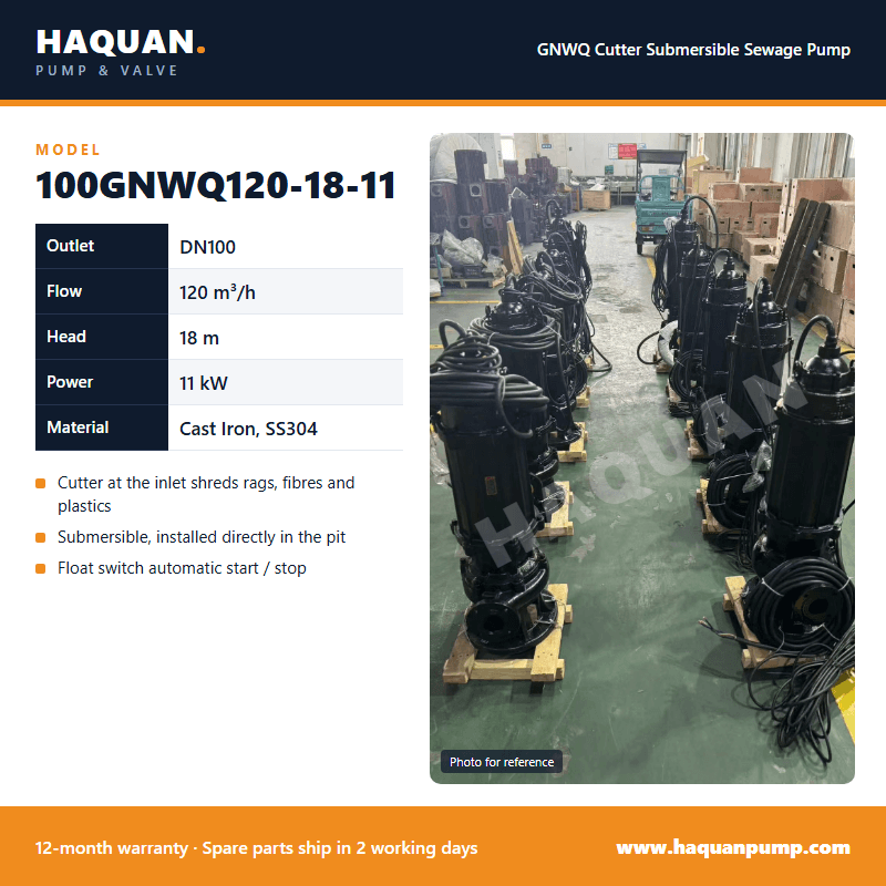 100GNWQ120-18-11 Cutter Sewage Pump – 120 m³/h at 18 m, 11 kW — GNWQ Cutter Submersible Sewage Pump