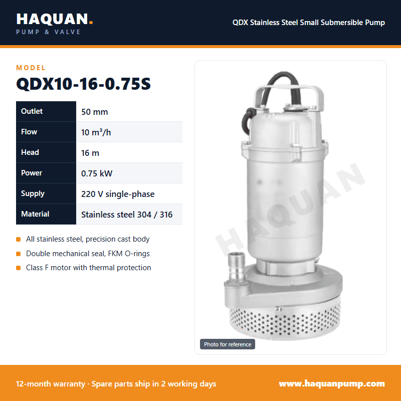 Bomba submersível monofásica em aço inoxidável QDX10-16-0.75S, 10 m³/h — Bombas Submersíveis Pequenas QDX by Haquan