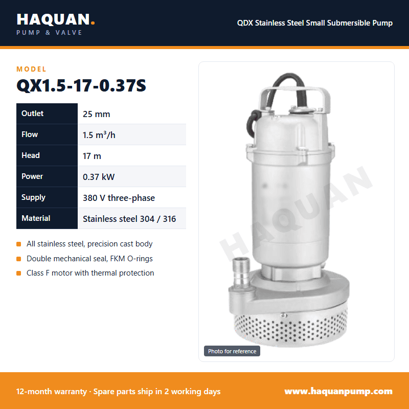 QX1.5-17-0.37S Three-Phase Small Stainless Submersible Pump — QDX Small Submersible Pumps by Haquan