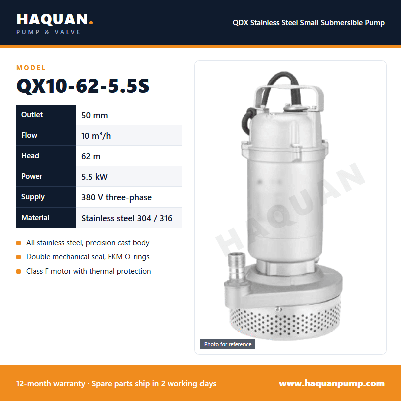 Bomba sumergible de acero inoxidable QX10-62-5.5S, cabezal de 62 m — Bombas sumergibles pequeñas QDX by Haquan